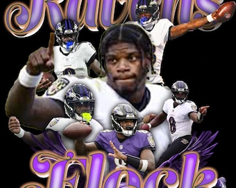May include: A digital graphic featuring multiple images of football players in black and purple uniforms. The word "Ravens" is at the top, and "Flock" is in the center, with a raven illustration at the bottom, all in purple.