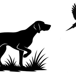 Puede incluir: Ilustración en silueta negra de un perro de caza en un campo de hierba, con un faisán volando en el fondo. El perro está en posición de señalar, con una pata levantada.