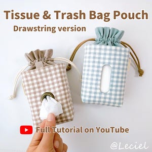 May include: Two drawstring pouches, one tan and one blue, with a gingham pattern. The tan pouch dispenses tissues, and the blue pouch has a rectangular opening. Text on the image reads "Tissue & Trash Bag Pouch" and "Drawstring version".