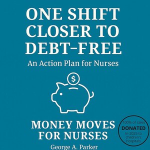 May include: A teal book cover with white text that reads "ONE SHIFT CLOSER TO DEBT-FREE" and "An Action Plan for Nurses." Below is a white line drawing of a piggy bank with a dollar sign. The title "MONEY MOVES FOR NURSES" is below the piggy bank.