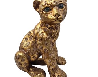 Vintage Gold Spotted Kitten / Cheetah Statue — Mid-Century Chalkware Collectible(70s)*