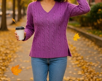 Croft & Barrow Purple Textured Cable V-Neck Sweater - Large