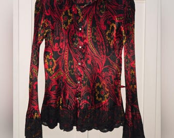 Vintage Nicola Red & Black Long Sleeve Blouse – Size M Lace Detail, Pleated, *Discounted