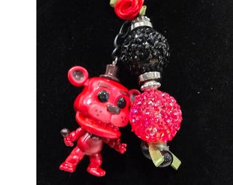 Handmade Reworked Red Bear Keychain Bag Charm, Beaded Character Keychain, One of a Kind Accessory