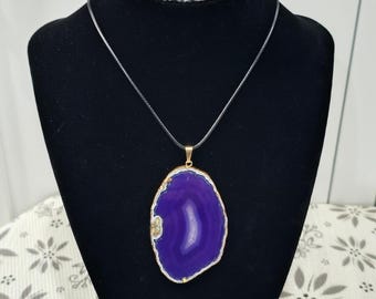 Purple Agate Slice Pendant Necklace | Natural Stone | Adjustable Cord
