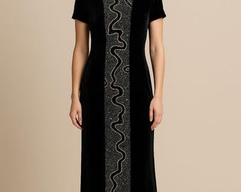 Vintage Black Velvet Beaded Panel Midi Dress – Est.Large/Xlarge*Discounted*