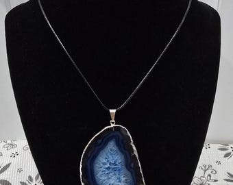 Blue Agate Slice Pendant Necklace | Natural Stone | Adjustable Cord
