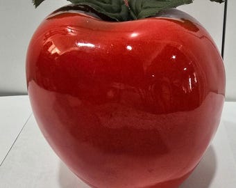 Vintage Glass Apple Figurine – Red Art Glass with Fabric Leaves