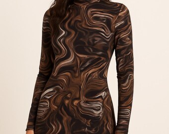 Shein Brown Marble Swirl Mock Neck Bodycon Dress – Size Medium