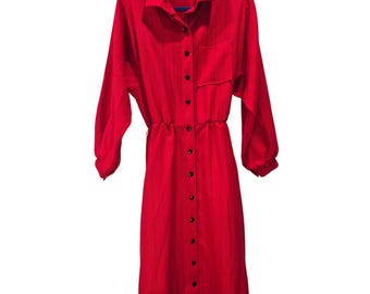Vintage 1980s Sears “The Fashion Place” Red Striped Shirt Dress – Size 16 – Union Made USA (Discounted)