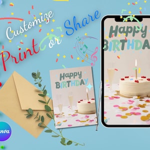 Cartão eletrônico de aniversário – Cartão eletrônico de aniversário animado editável – Download instantâneo – Cartão digital imprimível para editar, enviar por e-mail, enviar por SMS ou imprimir