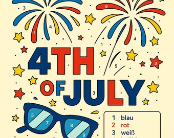 Duits kleuren op nummer | Malen nach Zahlen – 4 juli | Afdrukbare Four of July-activiteit voor tieners