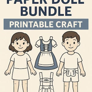 Op de afbeelding: Een digitale illustratie die een Duitse papieren poppenbundel promoot. De afbeelding toont twee cartoonkinderen, een traditionele jurk en lederhosen. Tekst bevat "German Paper Doll Bundle" en "Printable Craft". De onderste tekst luidt "Dirndl & Lederhosen".