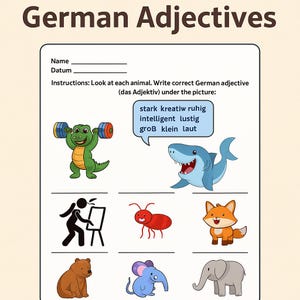 German Adjectives Worksheet – Describe the Animal (A1 Level)