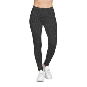 Gothic Victorian Frosting Swirl Womens Leggings - Dark Purple and Olive Damask - Alternative Goth Activewear