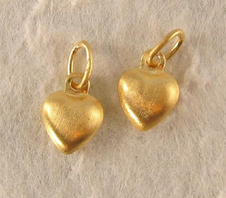 Vermeil Heart Charms Small 6mm Puffed Gold Heart Charms in Brushed Satin Finish 2 Hearts C47V Oakhill Silver Supply