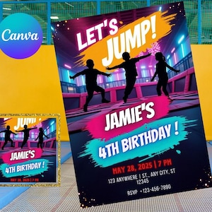 Trampoline Park Invitation,Jump Birthday Party Invite,Editable Canva Design for Kids Party,Let&#39;s Jump Boy,Canva Template