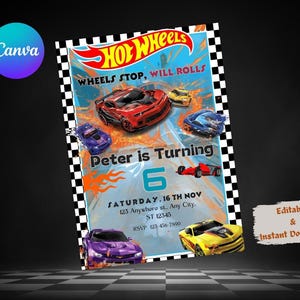 Editable Hot Race Cars Birthday Invitation, Hot Race Cars Birthday Template,Hot Wheels Invitation,Canva Editable