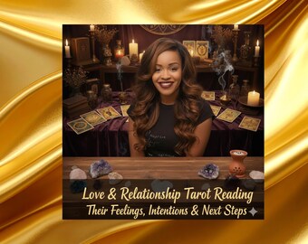 May include: An image featuring a woman smiling, with tarot cards and candles on a table. The text reads "Love & Relationship Tarot Reading - Their Feelings, Intentions & Next Steps."
