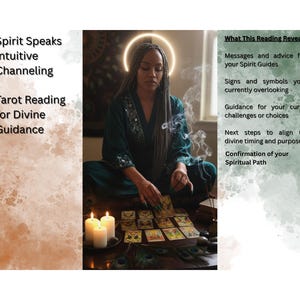 Könnte beinhalten: Ein Bild, das Tarot-Lesungen bewirbt. Das Bild zeigt eine Person, umgeben von Kerzen und Tarotkarten. Der Text auf der linken Seite lautet "Spirit Speaks Intuitive Channeling Tarot Reading for Divine Guidance."