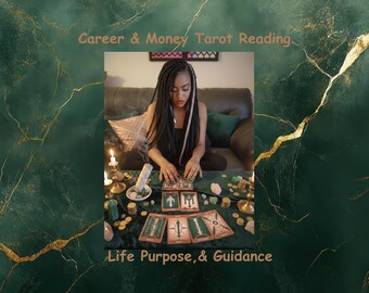 May include: An image featuring a tarot card reading setup. The scene includes a person with long braids, tarot cards, candles, and crystals on a green cloth. Text at the top reads "Career & Money Tarot Reading" and at the bottom "Life Purpose & Guidance."