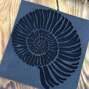 Puede incluir: Un cuadrado negro texturizado con un diseño de fósil de amonita en espiral en relieve. Los intrincados detalles del fósil se destacan sobre el fondo oscuro. Ideal para la decoración del hogar o proyectos de manualidades.