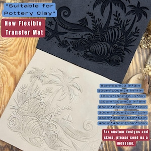 May include: A flexible transfer mat for pottery clay, featuring a beach scene with palm trees, seashells, and a sailboat. Available in various sizes, from 3x3 inches to 16x16 inches. The mat is labeled "Suitable for Pottery Clay" and "New Flexible Transfer Mat."