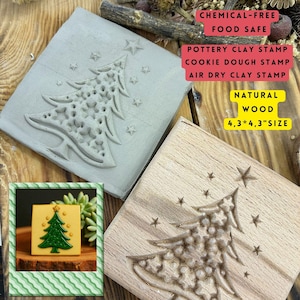 May include: A square pottery clay stamp and a wooden stamp, both featuring a Christmas tree design with star accents. The stamps are labeled "CHEMICAL-FREE FOOD SAFE" and "NATURAL WOOD 4.3*4.3" SIZE". The stamps are designed for pottery clay, cookie dough, and air dry clay.