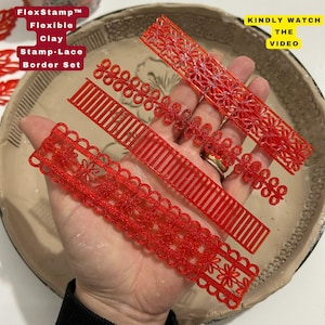May include: A hand holds several red FlexStamp flexible clay stamp-lace border sets. The sets feature various decorative patterns, including floral and geometric designs. The text "KINDLY WATCH THE VIDEO" is visible in the image.