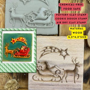 May include: A collection of Christmas-themed stamps for pottery clay, cookie dough, and air dry clay. The stamps feature designs of Santa Claus in a sleigh pulled by reindeer, and a shooting star. The stamps are made of natural wood and measure 4.3 x 4.3 inches.