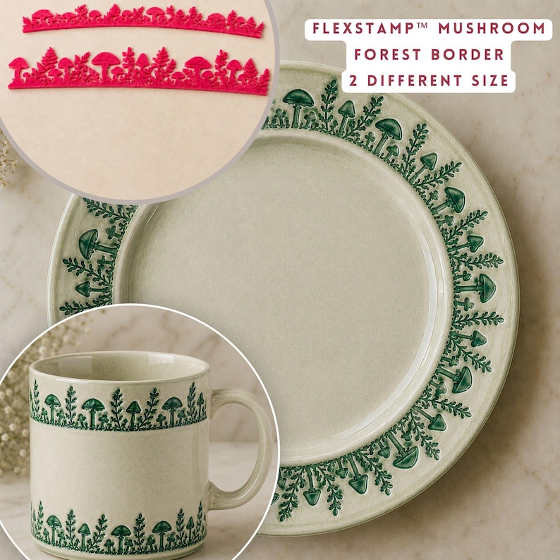 Flexstamp™ – Flexible Clay Stamp | Mushroom Forest Border Texture | Woodland Botanical Pattern image 1