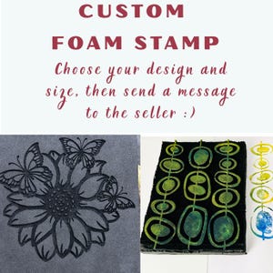 Könnte beinhalten: Individueller Schaumstempel mit Text: Wähle dein Design und deine Größe und sende dann eine Nachricht an den Verkäufer. Das Bild zeigt Beispiele für Stempeldesigns, darunter eine Sonnenblume mit Schmetterlingen und ein abstraktes Muster.