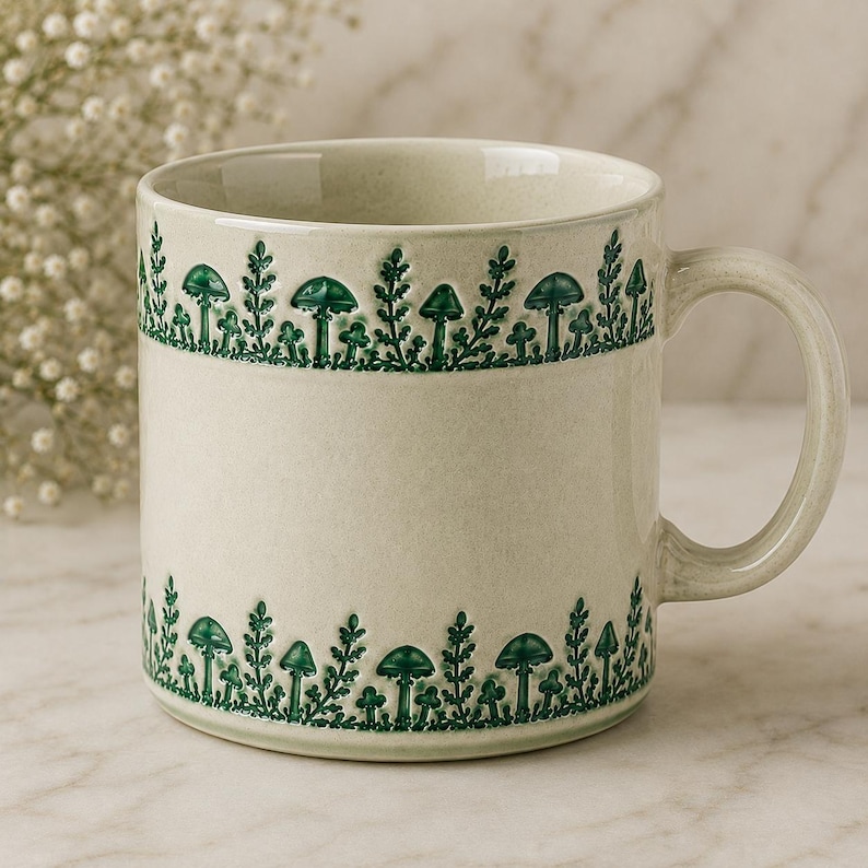 May include: A cream-colored ceramic mug featuring a textured, embossed pattern of dark green mushrooms and ferns encircling the top and bottom rims. The mug has a smooth, glossy finish and a sturdy handle on the right side for easy gripping.