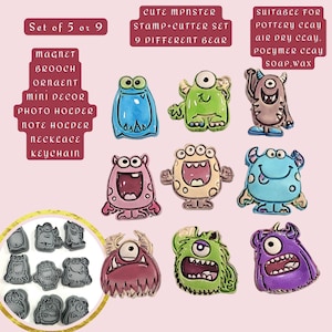 May include: A set of colorful monster-shaped stamps and cutters. The set includes nine different monster designs, suitable for use with pottery clay, air dry clay, polymer clay, and soap wax. Text on the image reads "Cute Monster Stamp + Cutter Set".