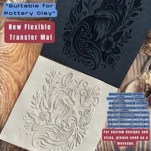 May include: A flexible transfer mat for pottery clay, featuring a fox design with floral elements. The mat is available in various sizes, including 3x3 inches to 16x16 inches. The text on the mat says "Suitable for Pottery Clay" and "New Flexible Transfer Mat".