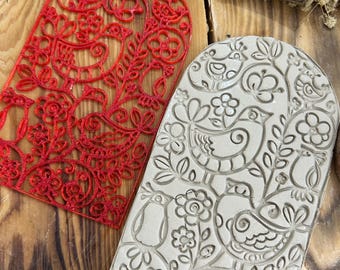 Motif floral et oiseau Flexstamp™ | Tampon en argile flexible | Outil de texture de nature