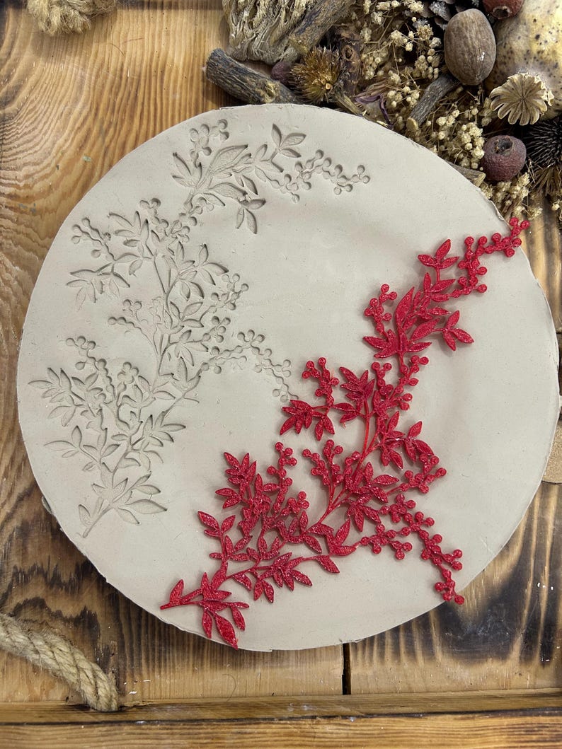 Flexstamp™ – Flexible Clay Stamp | Botanical Berry Branch Pattern – Deep Detail Texture Tool image 1