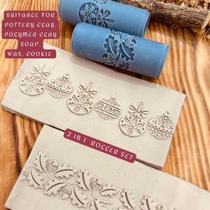 May include: A 2-in-1 roller set for pottery clay, polymer clay, soap, wax, and cookies. The set includes two blue rollers with embossed designs and two clay sheets with ornament and leaf patterns. The text "SUITABLE FOR..." and "2 IN 1 ROLLER SET" are visible.