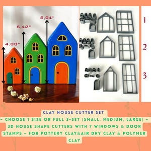 May include: A colorful clay house cutter set. The set includes three houses in orange, green, and blue, measuring 4.33", 5.12", and 5.91" tall, respectively. Also included are 3D house shape cutters with 7 window and door stamps. The text says "CLAY HOUSE CUTTER SET".