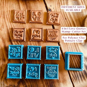 May include: A selection of brown and blue square stamps and cutters, each featuring love-themed quotes. The brown stamps display phrases such as "Kiss me" and "True love." The blue cutters have phrases like "I love you" and "Love you more." The text "Different sizes available" is also visible.