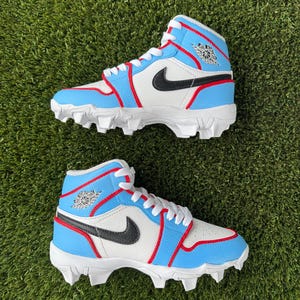 Custom Jordan 1 Cleats | Light Blue White Red Trim | Youth Baseball/Sports Shoes