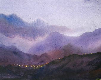 Night Himalaya Village -Original watercolor paper painting,Original,watercolor,Painting,Paper
