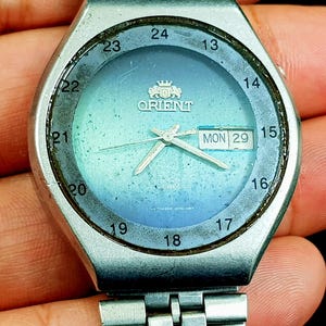 Vintage Of Orient  Automatic Crystal 21 Jewels Men Wrist Watch Made In Japan Sky Blue Dial Day Date Time Men Sports Watch Vintage