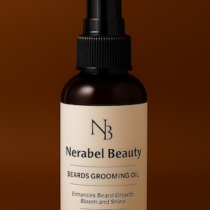 Puede incluir: Una botella de vidrio marrón de aceite para el cuidado de la barba Nerabel Beauty con un dispensador de bomba negro. La etiqueta dice "Enhances Beard Growth, Bloom and Shine" y "2 oz". La botella tiene una etiqueta blanca con texto negro.