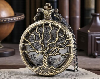 Engraved Tree of Life Pocket Watch – Quartz Chain Watch  display picture 2