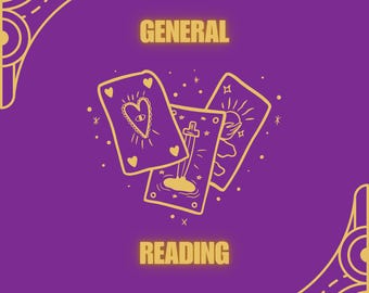 Könnte beinhalten: Lila Hintergrund mit goldenen dekorativen Ecken und drei Tarotkarten. Die Karten zeigen ein Herz mit einem Auge, ein Schwert und ein Sonnendesign. Die Worte "GENERAL READING" sind in Gold.