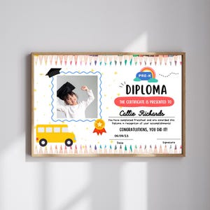 Pre-K Graduation Certificate Diploma, Last Day of School Diploma Certificate, Editable School Certificate Template