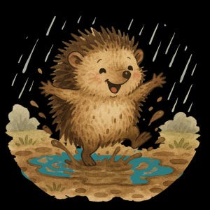 Könnte beinhalten: Aquarellillustration eines fröhlichen Igels, der im Regen in einer Pfütze spielt. Der Igel hat braune Stacheln und ein rosa Gesicht und planscht in einer schlammigen Pfütze. Regentropfen fallen vom Himmel vor einem schwarzen Hintergrund.