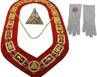Novo conjunto maçônico: Colar com corrente do Arco Real, Joia do Principal do Capítulo Sojourner com luvas.