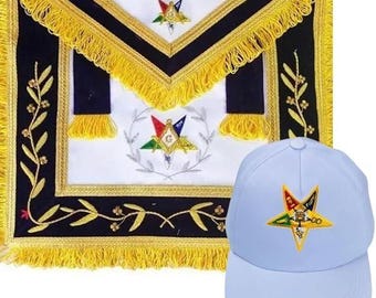 Avental de Patrono Digno da Ordem da Estrela do Oriente - Bordado à mão em fio de ouro e prata, com boné da Ordem da Estrela do Oriente.